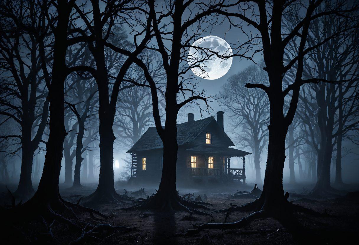 A shadowy forest at twilight, with twisted trees shrouded in mist, and ghostly figures faintly visible among the branches. A full moon peeks through the clouds, casting eerie light on an old, creaky cabin in the distance. Dark, ominous colors dominate the scene, evoking a sense of dread and mystery. The title 'Exploring the Eerie' is subtly integrated into the landscape. surrealistic. dark tones. atmospheric.