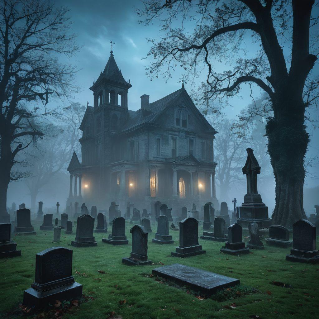 A misty, moonlit graveyard with shadowy figures whispering among the tombstones, giving an eerie yet captivating feel. Wisp-like ghosts are emerging from the earth, their translucent forms blending into the fog. In the background, a dilapidated mansion looms, with dim lights flickering in the windows, suggesting haunting activities within. The color palette should be dark and moody, emphasizing deep greens, blues, and silvers to enhance the chilling atmosphere. surrealism. dark colors. mist effect.