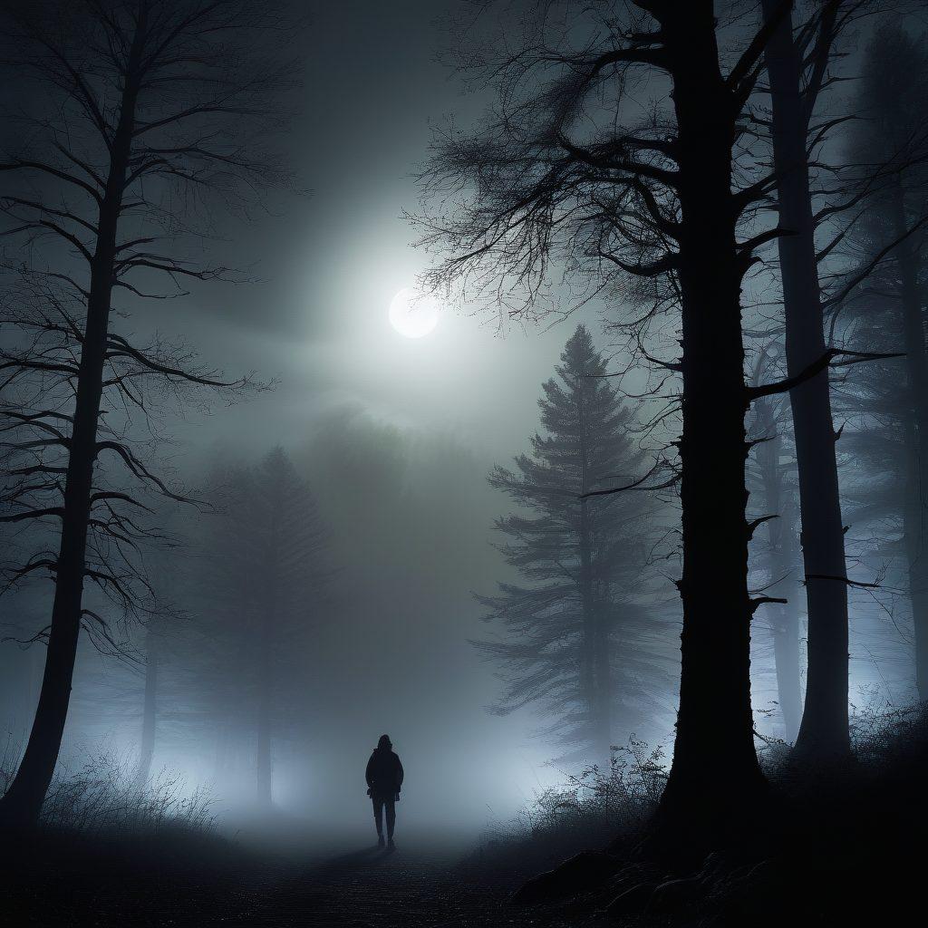 A dark, shadowy forest illuminated by a ghostly full moon, with terrifying silhouettes lurking among the trees, eyes glowing ominously. In the foreground, a vulnerable figure clutches a flashlight, casting trembling beams of light that emphasize the eerie atmosphere. Wisps of fog swirl around, hinting at unseen horrors, while foreboding shapes loom above the tree line. The overall mood should evoke unsettling emotions and anxiety. super-realistic. dark colors. eerie glow.